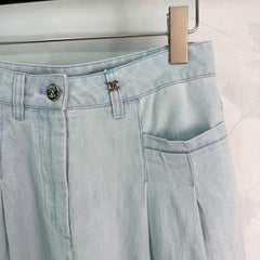 Wide-Leg Straight-Cut Linen-Denim Short-Sleeve Shirt