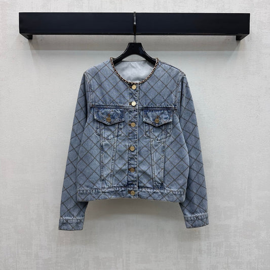 Quilted Denim Jacket with Chain Detail