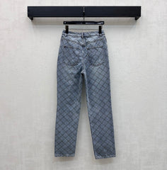 Quilted Denim Trousers with Chain Detail