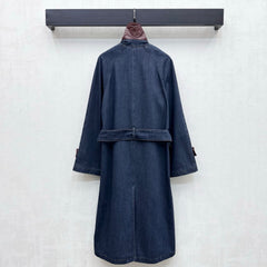Leather-Collared Denim Trench Coat