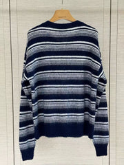 Navy and white horizontal-striped knit cardigan