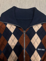 Argyle Wool Zip Cardigan