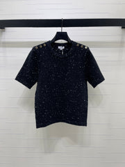 Shoulder-Button Knit Short-Sleeve Top
