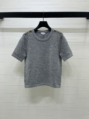 Shoulder-Button Knit Short-Sleeve Top