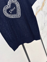 Short-Sleeved Knit Top with Heart Embroidery