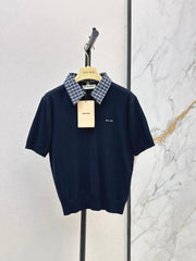 Short-Sleeve Knit Top with Plaid Collar