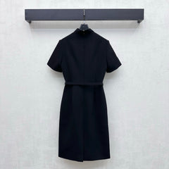 Fabric-Covered Button Metal Belt Dress