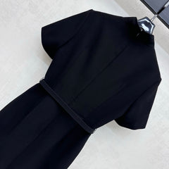 Fabric-Covered Button Metal Belt Dress