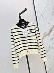 Black and White Striped Crew-Neck Knit Cardigan