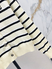 Black and White Striped Crew-Neck Knit Cardigan