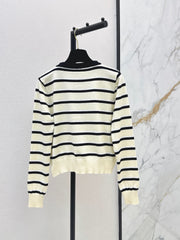 Black and White Striped Crew-Neck Knit Cardigan