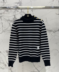 Striped Knit Top with Gold Button Accents