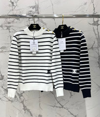 Striped Knit Top with Gold Button Accents