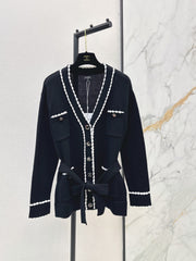 V-Neck Knit Cardigan with Contrast Trim and Four Pockets