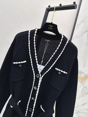 V-Neck Knit Cardigan with Contrast Trim and Four Pockets