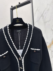 V-Neck Knit Cardigan with Contrast Trim and Four Pockets