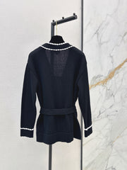 V-Neck Knit Cardigan with Contrast Trim and Four Pockets