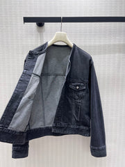 Distressed-Finish Crew-Neck Denim Jacket