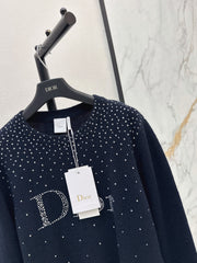 Rhinestone-Letter Knit Sweater with Crew Neck