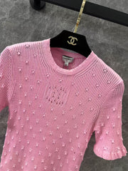 Classic three-dimensional polka dot crochet knitted short top