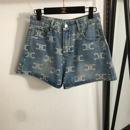 Printed denim shorts
