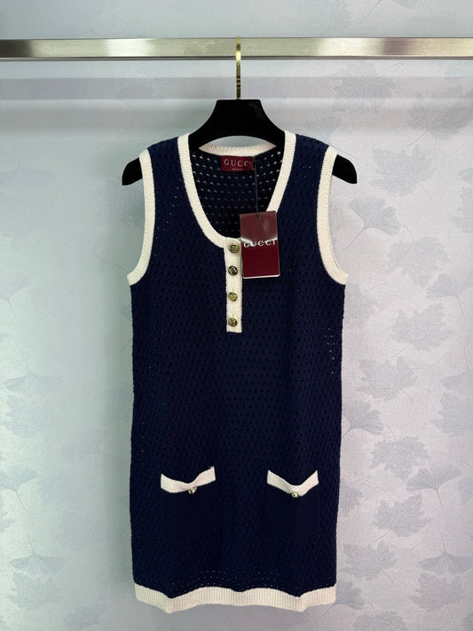 Contrast color hollow knitted vest dress
