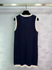 Contrast color hollow knitted vest dress