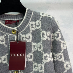 Gray and white jacquard crew neck knit cardigan