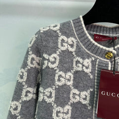 Gray and white jacquard crew neck knit cardigan