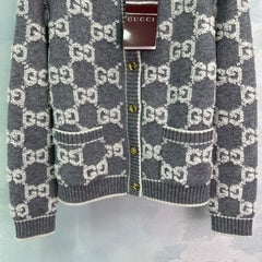Gray and white jacquard crew neck knit cardigan