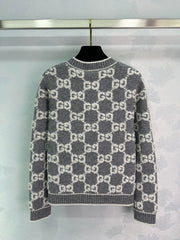 Gray and white jacquard crew neck knit cardigan