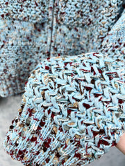 Crew neck crocheted patchwork jacket