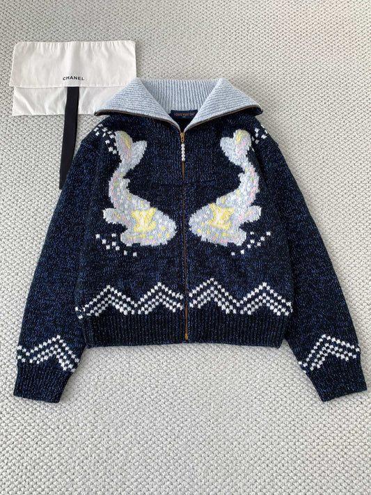 Koi and Cherry Blossom Zippered Sweater Cardigan
