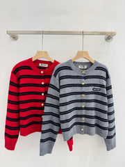 Monogram lettering crew neck knit cardigan