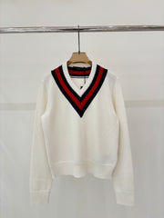 Color-blocked V-neck pullover knit long-sleeved sweater