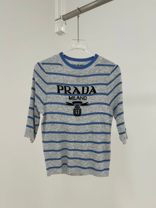 Striped wool knit short-sleeved top