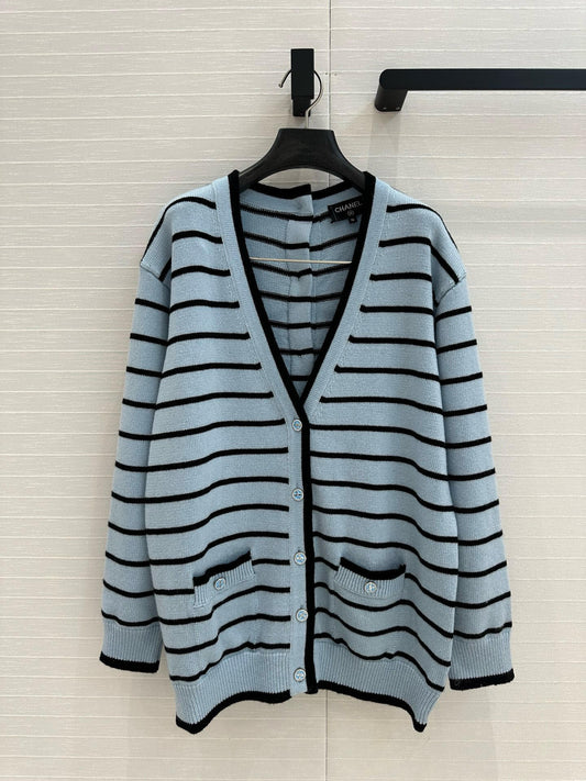 Blue striped V-neck long cardigan