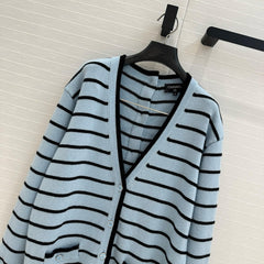 Blue striped V-neck long cardigan