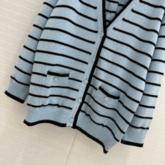 Blue striped V-neck long cardigan