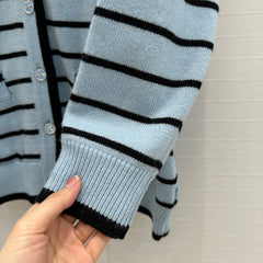 Blue striped V-neck long cardigan