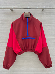 Burgundy Color-Blocked Half-Zip Stand Collar Windbreaker