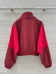 Burgundy Color-Blocked Half-Zip Stand Collar Windbreaker