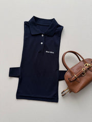 Navy Blue Crop Top with Sleeveless Polo Shirt