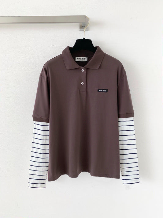 Faux two-piece layered polo long-sleeved shirt