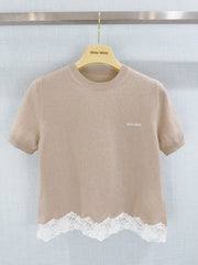 Lace-trimmed knit short-sleeved top