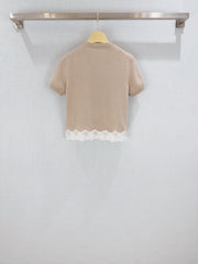Lace-trimmed knit short-sleeved top