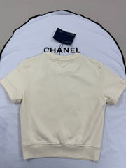 Pale yellow ribbed crew neck short-sleeved shirt