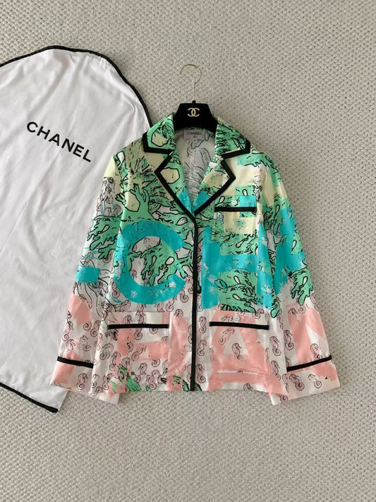 Graffiti Letter Print Silk Shirt
