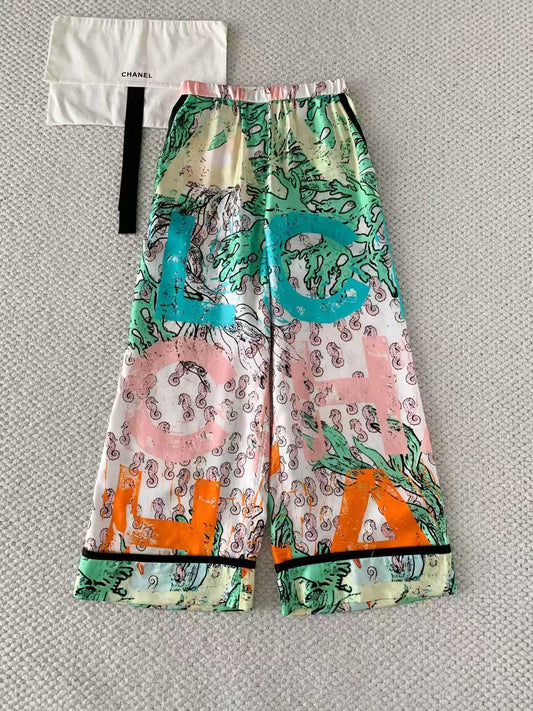 Graffiti Letter-Print Silk Trousers