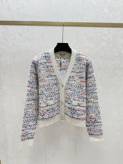 Color-blocked minimalist V-neck knit long-sleeved cardigan